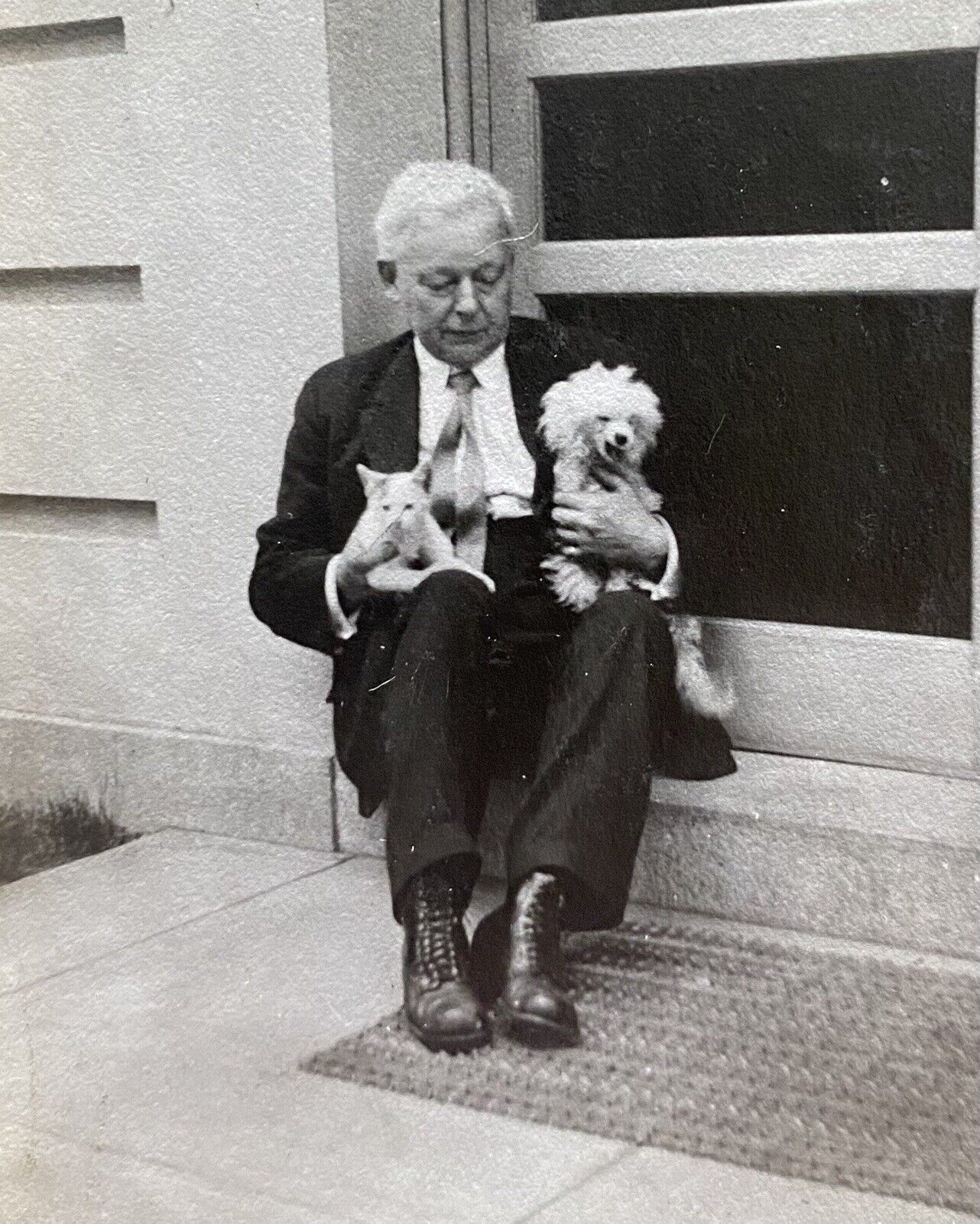 Dog & Cat 1912 Man Holding Animals Hotel Knickerbocker Antique Vintage Photo