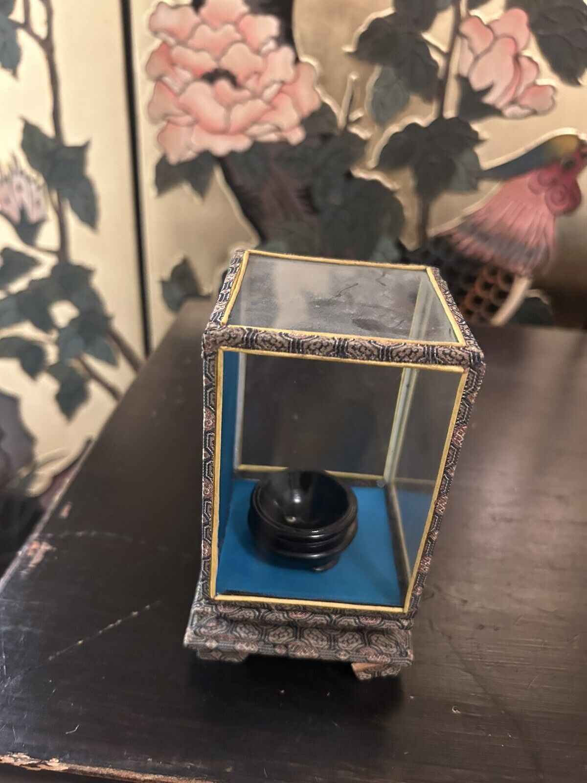 Vintage Chinese Hand Painted Egg On Wooden Base In Display Case, Signed