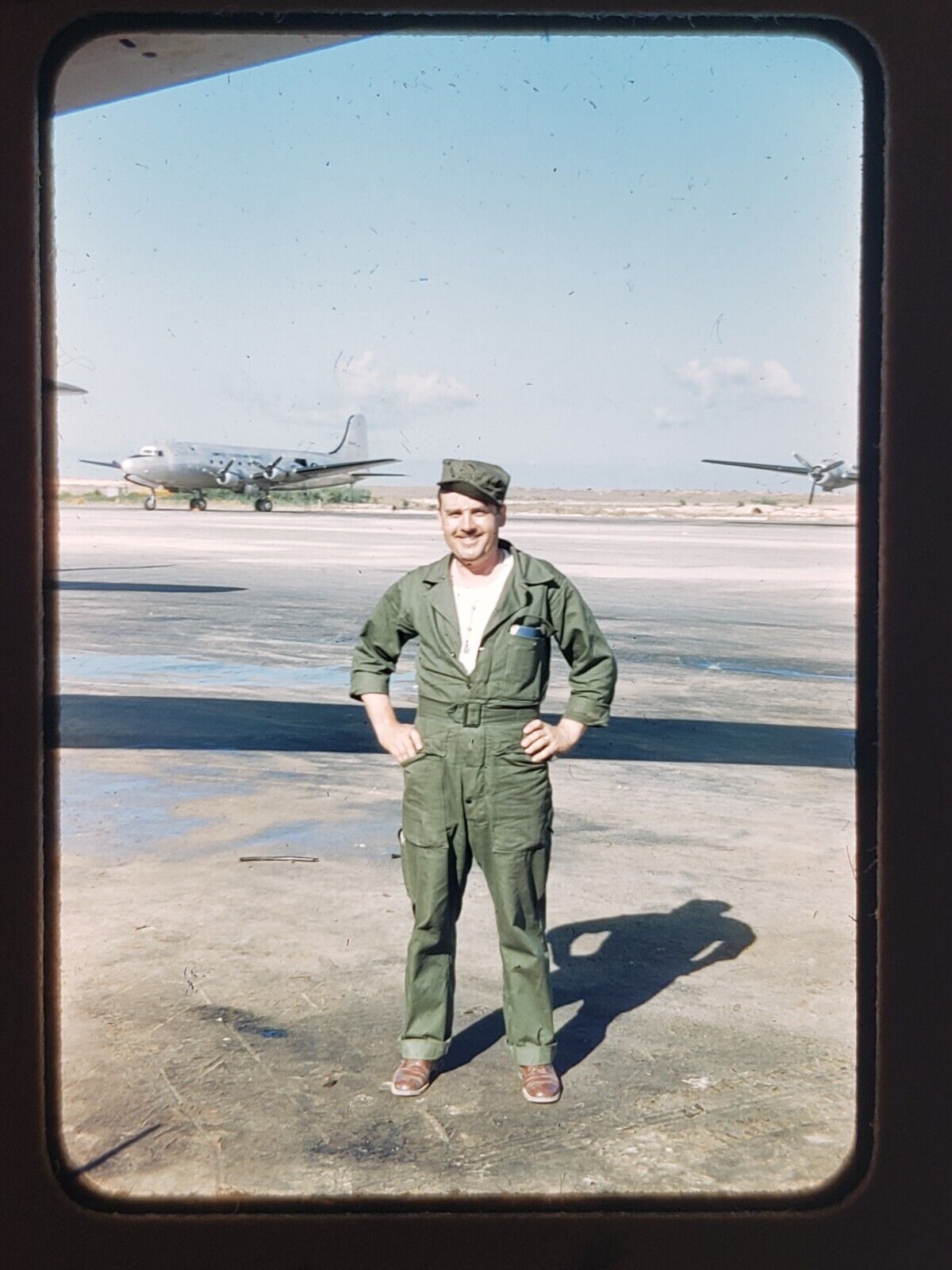 Vtg 1950s 35mm Slide - Soldier at Wheelus Field Tripoli Libya, C-54 Skymasters