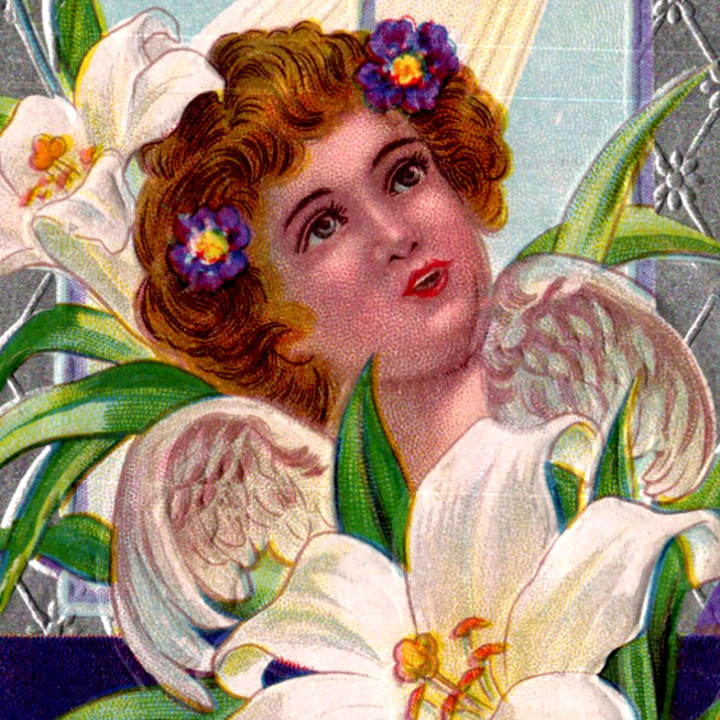 Winsch angel child white lilies Cross silver embossed gothic window c1909