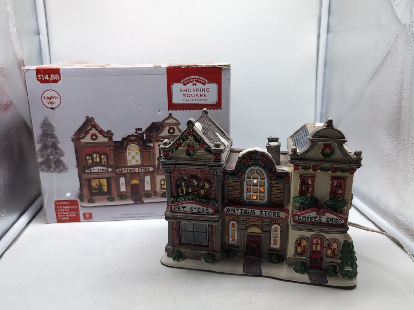 2018 Holiday Time Porcelain Lighted SHOPPING SQUARE Coffee Pet & Antique Stores