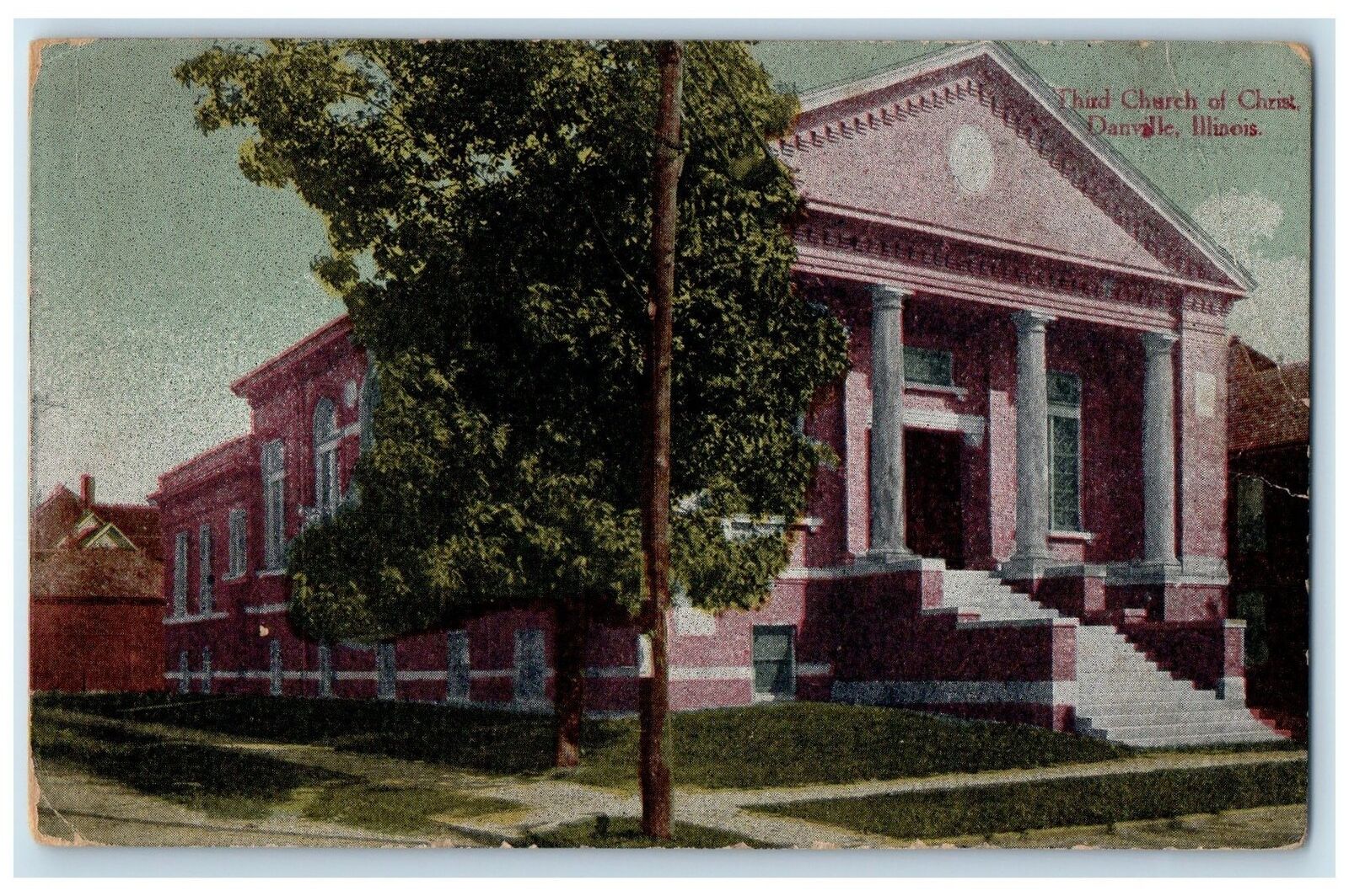 c1912 Third Church Of Christ Building Stairs Entrance Danville Illinois Postcard