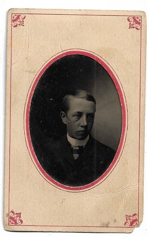 Tintype Photograph Portrait of Young Man Sealed Paper Frame