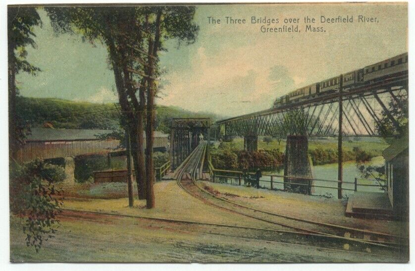 Greenfield MA The Three Bridges Over River Postcard Massachusetts