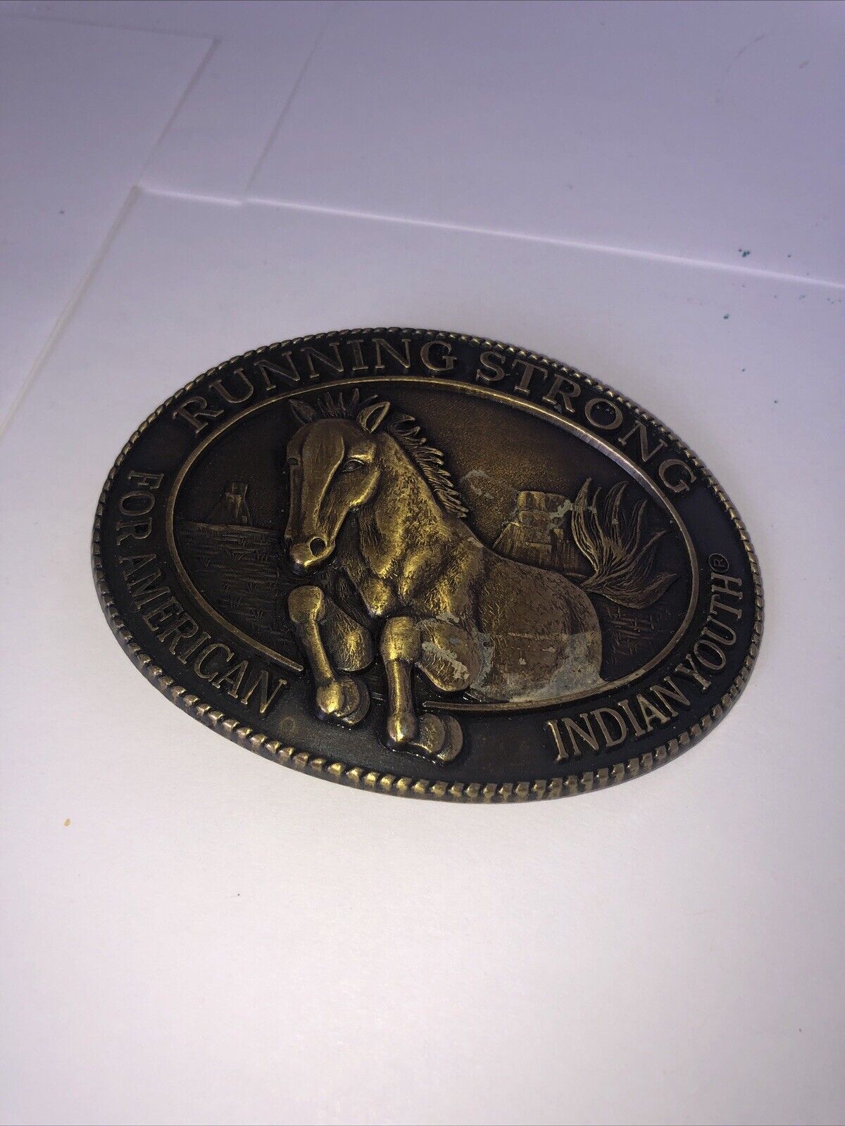 Vintage 1996 Running Strong For American Indian Boys Brass Belt Buckle w Horse