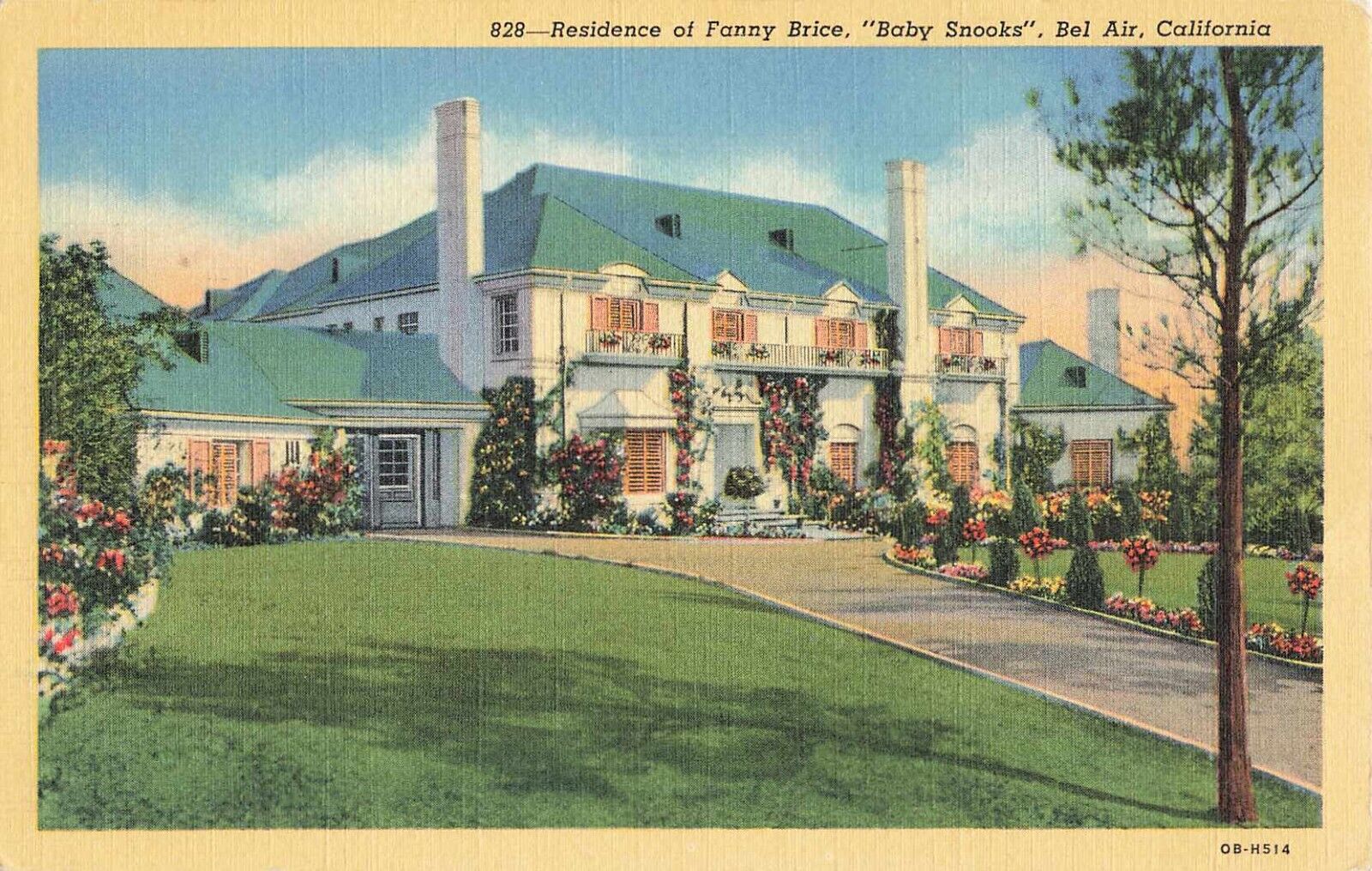 Postcard Linen Residence of Fanny Brice Baby Snooks Bel Air, California 1941