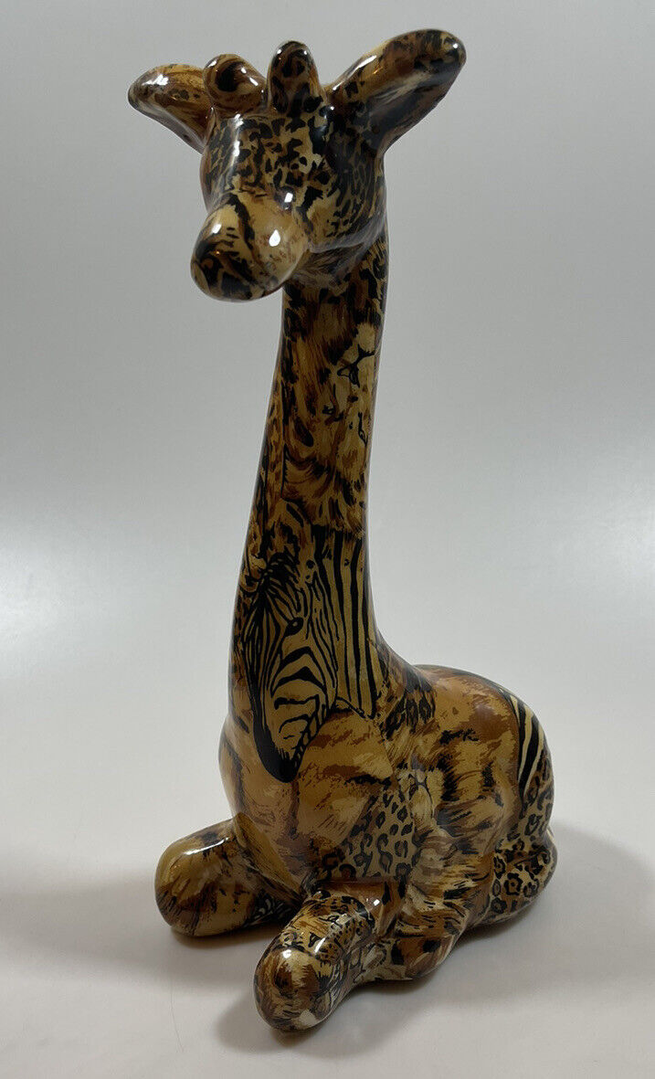 La Vie 1980s Safari Patchwork Decoupage over Ceramic Mother Giraffe