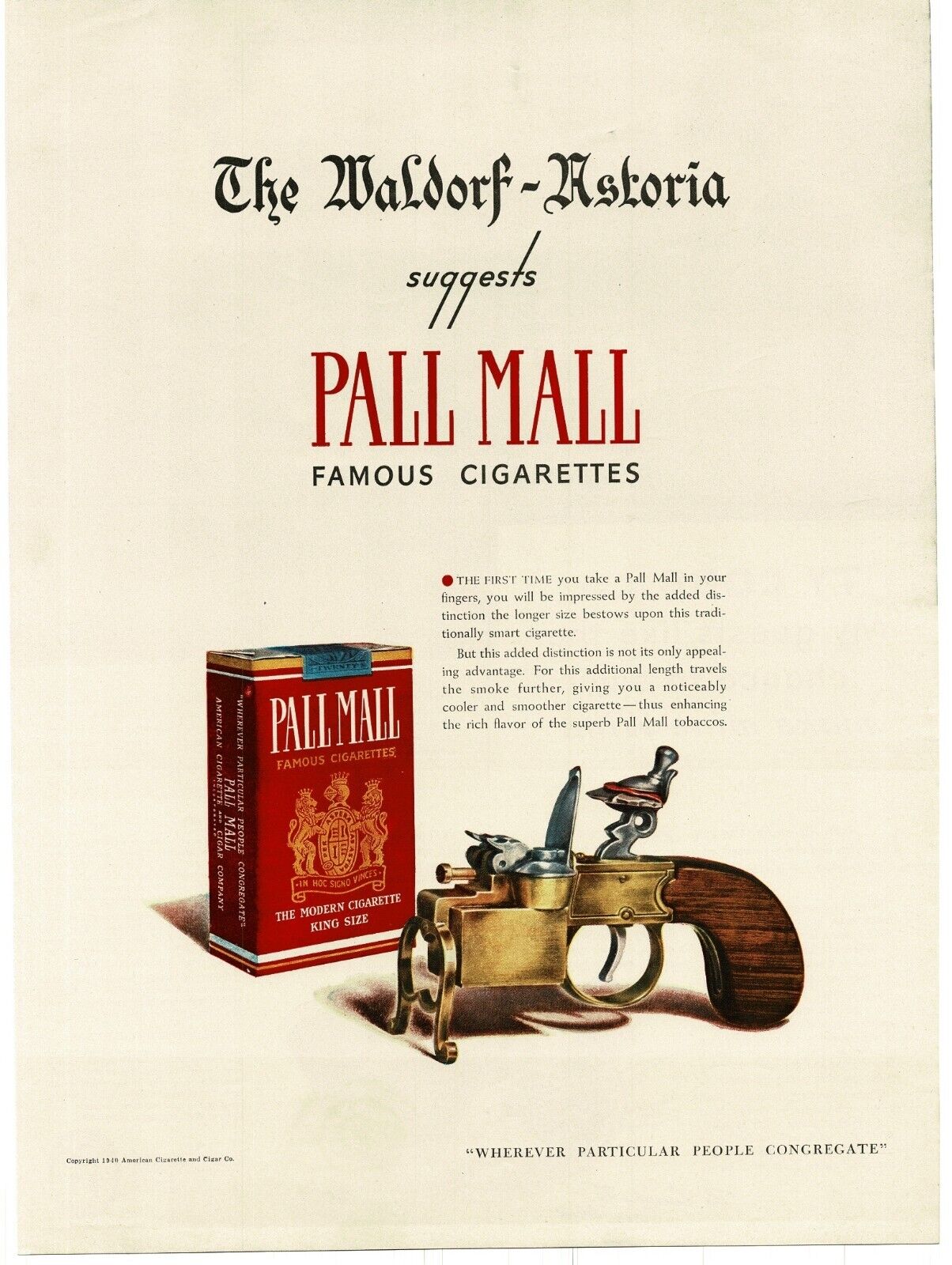 1940 Pall Mall Cigarettes Waldorf Astoria pistol lighter art Vintage Print Ad