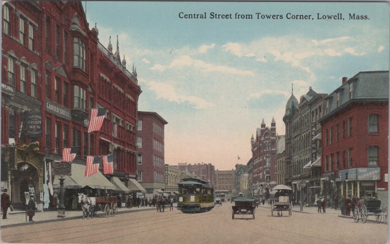 Central Street from Towers Corner Lowell Massachusetts Trolley 1916 RPO Postcard