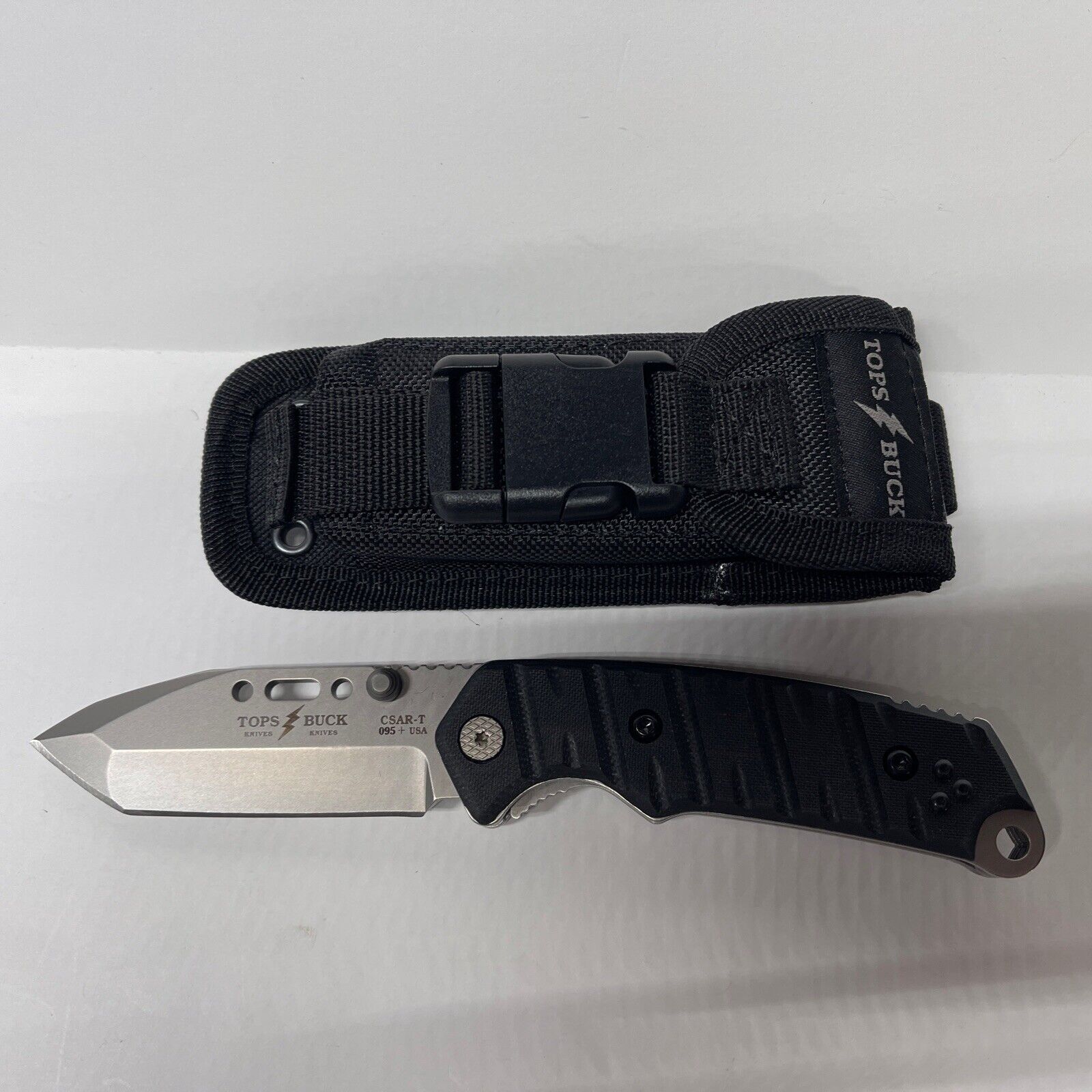 Buck/TOPS DISC. CSAR-T Tactical Knife BOS 154 CM, Black G10 Scales, Sheath New.
