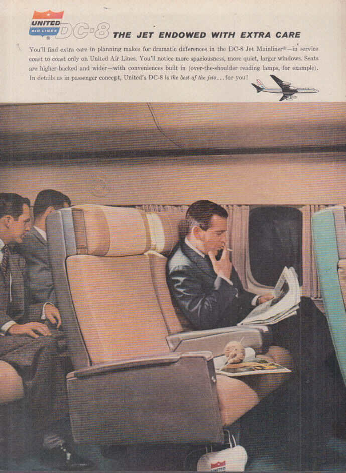 Jet endowed with extra care United Air Lines passenger smoking ad 1960 T