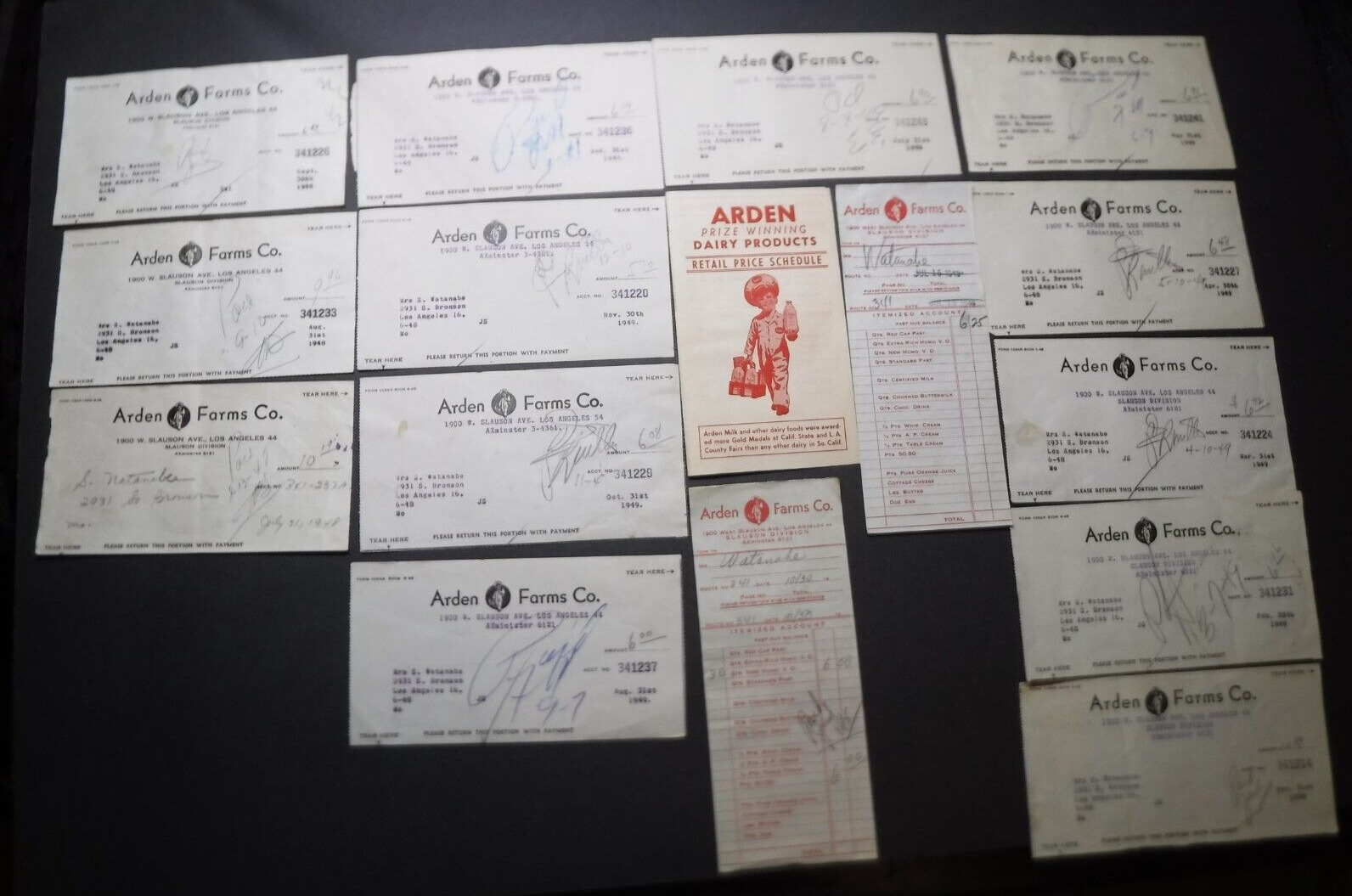 Vintage 1948  Paperwork ARDEN Dairy Products MILK Price List & Monthly Receipts