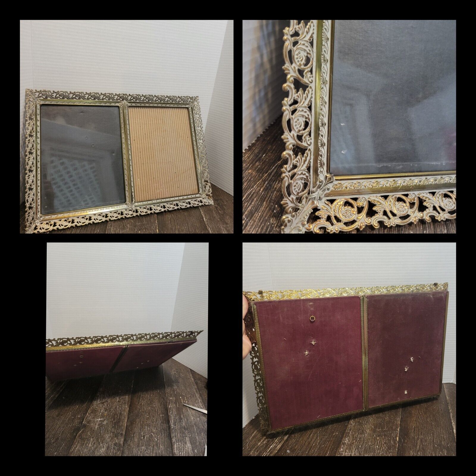 Vintage Brass White Wash  Double Picture Frame 8x10\