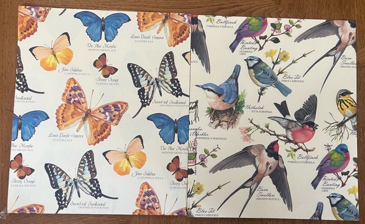 Vintage Butterfly & Bird Gift Wrap Paper 2 Sheets 30”x24” Each