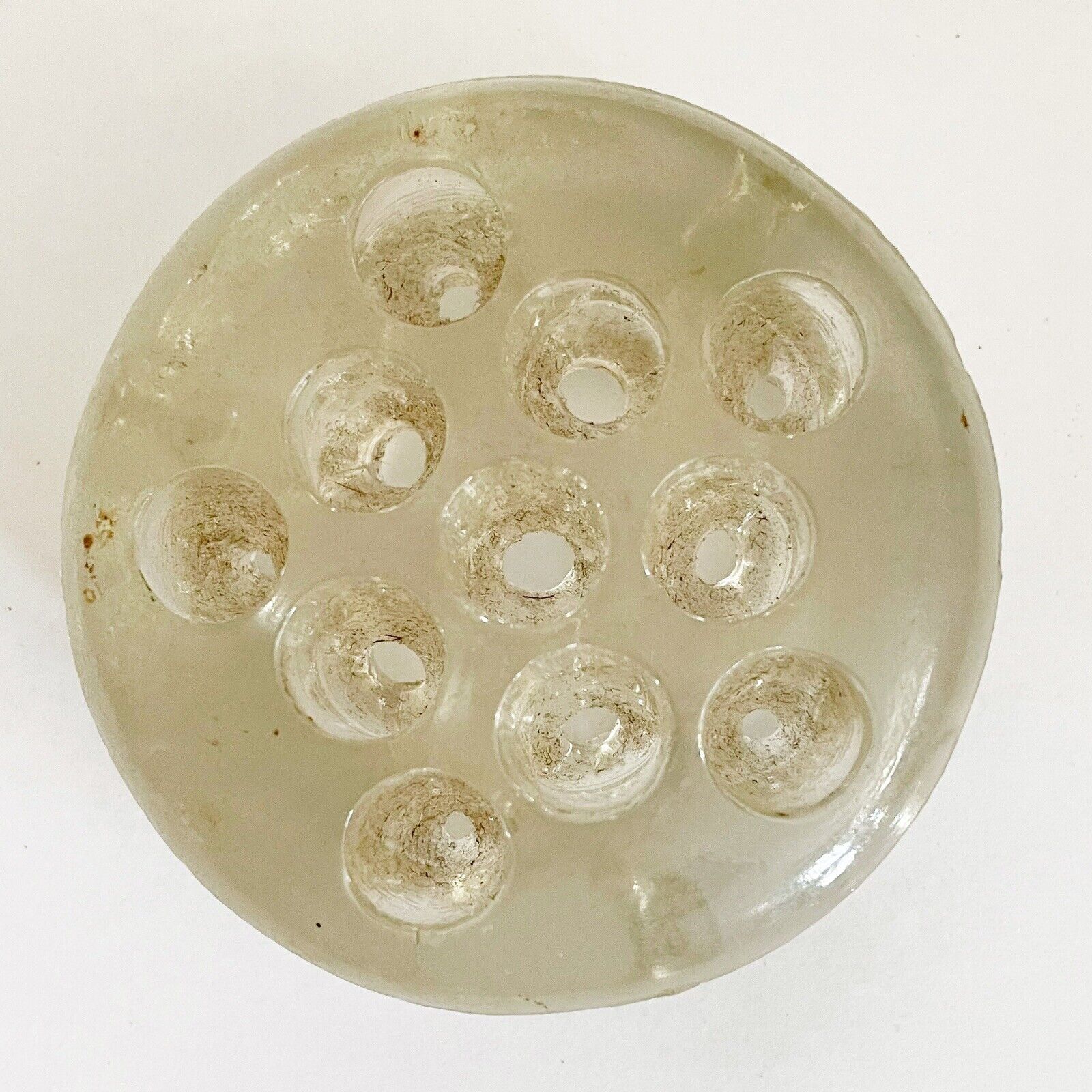 Vintage Clear Glass Floral Frog Stem Holder 10 Holes Round 3” D.