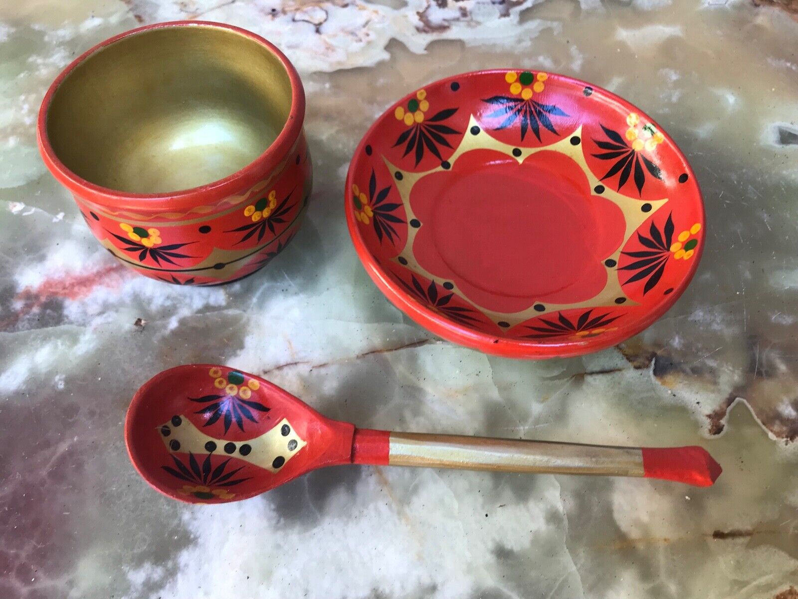 Khokhloma Wooden Tea Set of Cap, Plate & Tea Spoon, Red & Gold Hand Made.