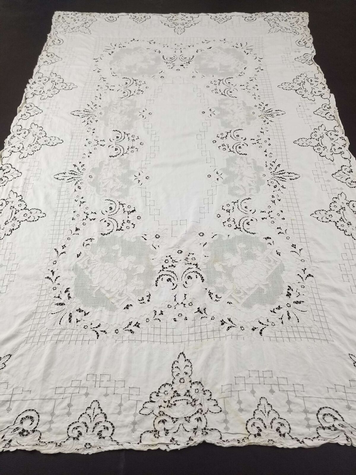 Vintage French Hand Embroidered Figural Tablecloth Linen 244x158cm