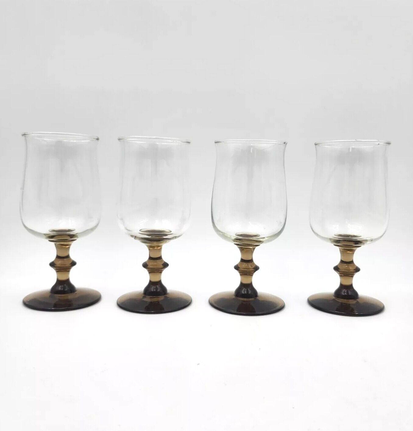Vintage Libby Tulip Wine Glasses Goblets Brown Wafer Stem Set of 4