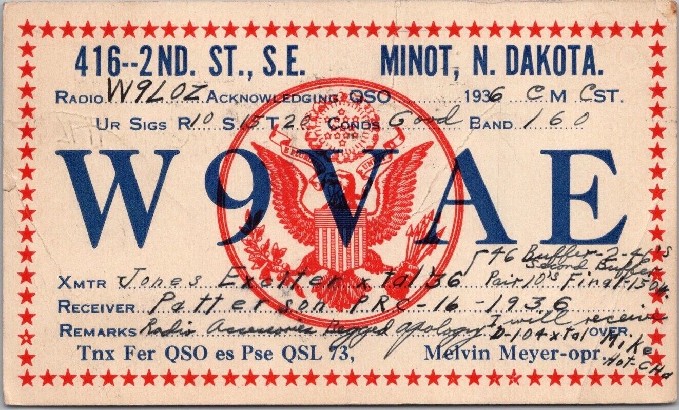 Vintage 1936 MINOT, North Dakota Postcard QSL Ham Radio Card \