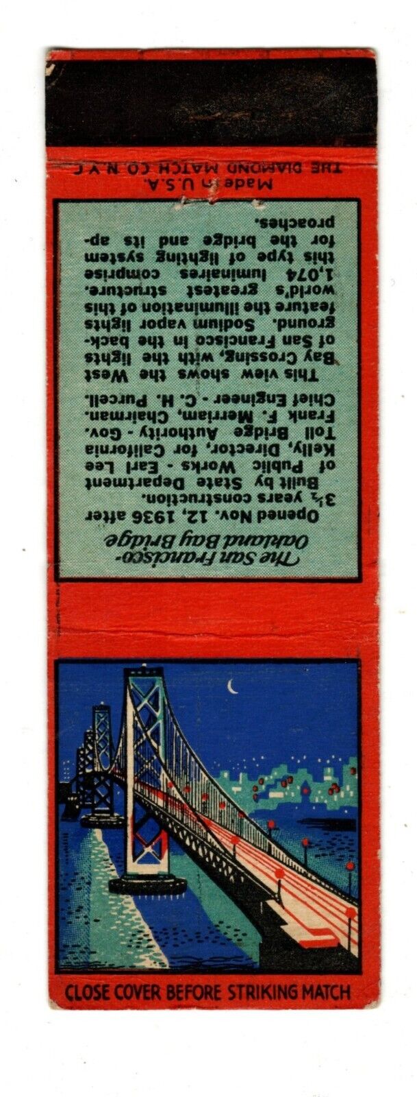 OAKLAND BAY BRIDGE matchbook matchcover - 1930\'s SOUVENIR - CALIFORNIA