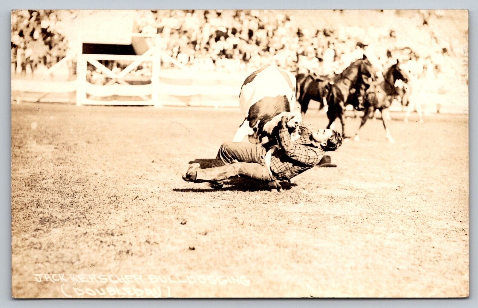 Postcard RPPC 1930\'s Rodeo Cowboy Steer Wrestling Jack Kerscher Bulldogging A18