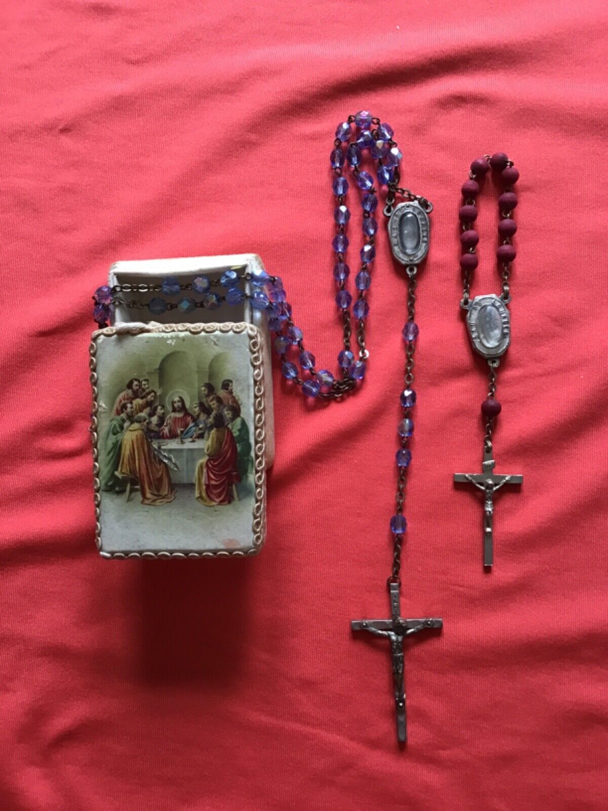 Lot of 2 relics rosaries of our Lady of Lourdes with hard stones in a pretty box