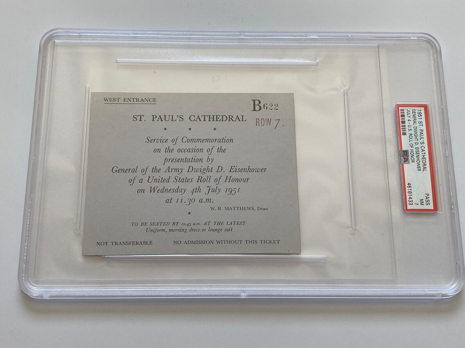 1951 General Dwight D. Eisenhower St. Paul\'s Cathedral Roll of Honour Ticket PSA