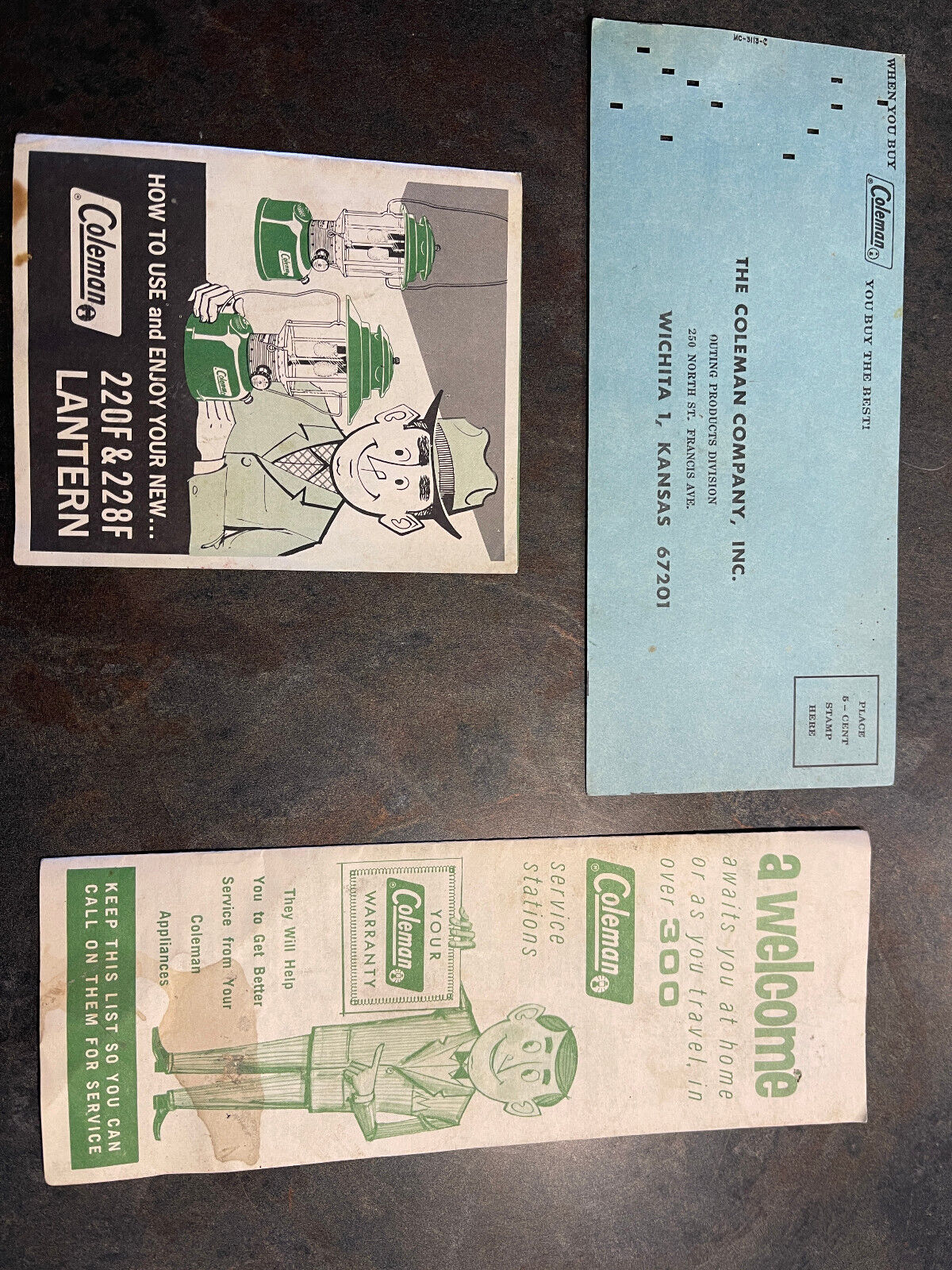 COLEMAN LANTERN Warranty Card, Service Center Card, 220F & 228F Manual Vintage