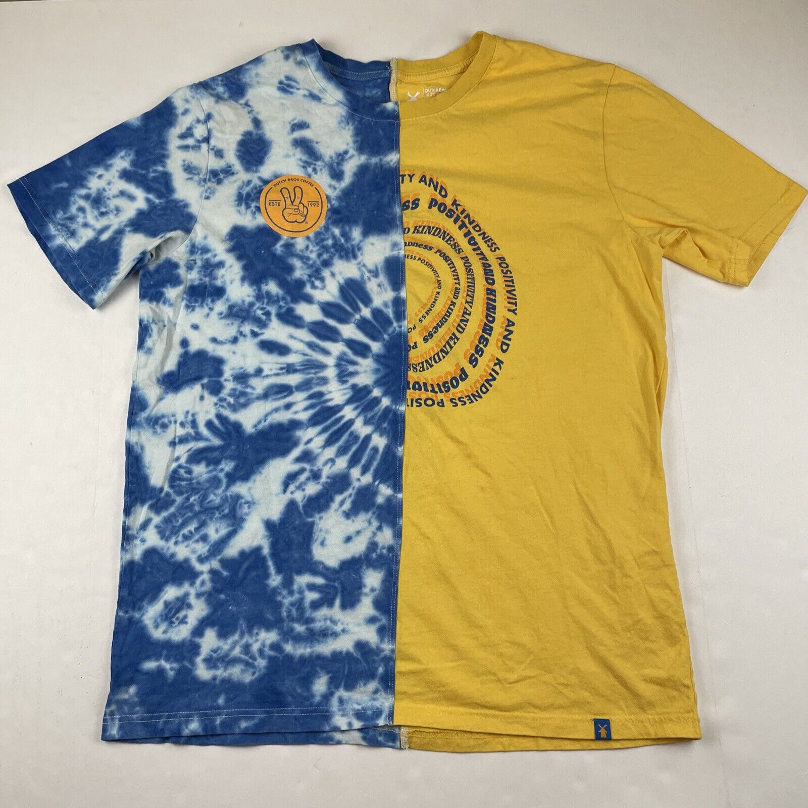 Dutch Bros Coffee DB T-Shirt Size XL Split Yellow & Blue Tie Dye Short Sleeve