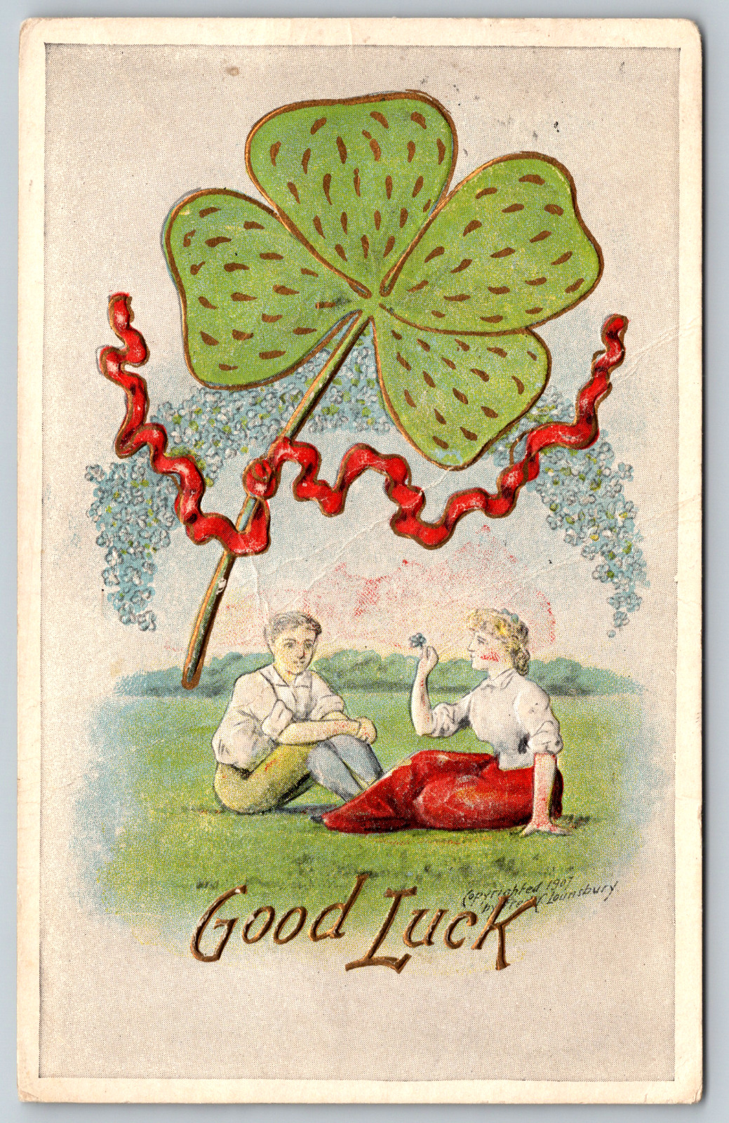 c1910s  St. Patrick's Day Four Leaf Clover Good Luck Embossed Antique Postcard
