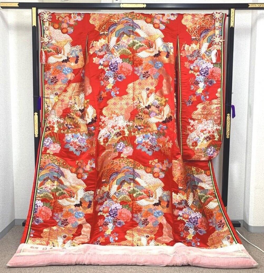 Iro-uchikake Kimono pure silk red gold cranes Tsuru fans wedding bridal