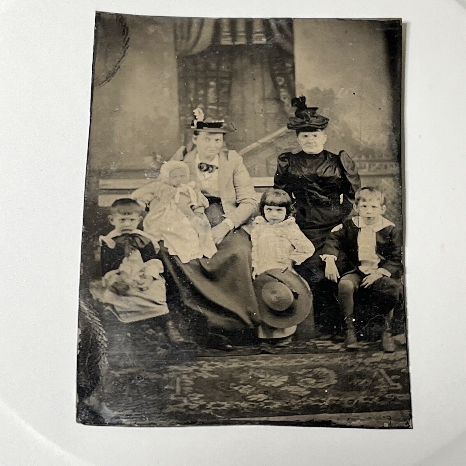 Tintype c1870 Antique 1/6 Plate Cross eyed Children, 3 Generation Family