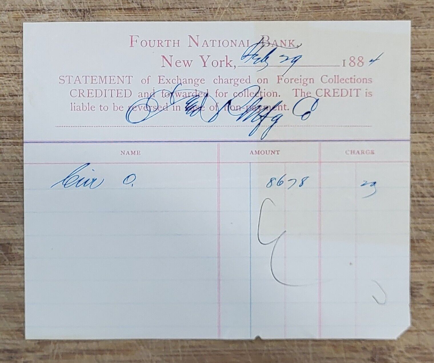1884 Billhead New York Fourth National Bank