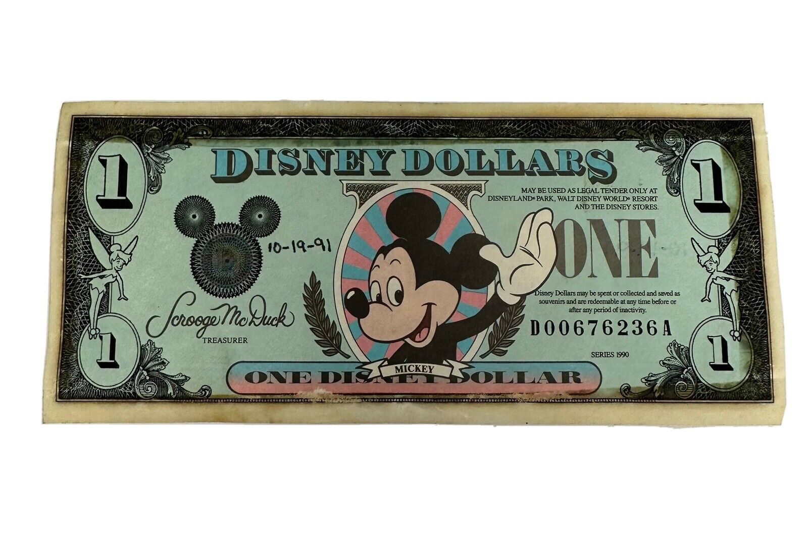 Disney Dollar - Waiving 1991 “D” UNC Consecutive. 1991 Series From Disney World.