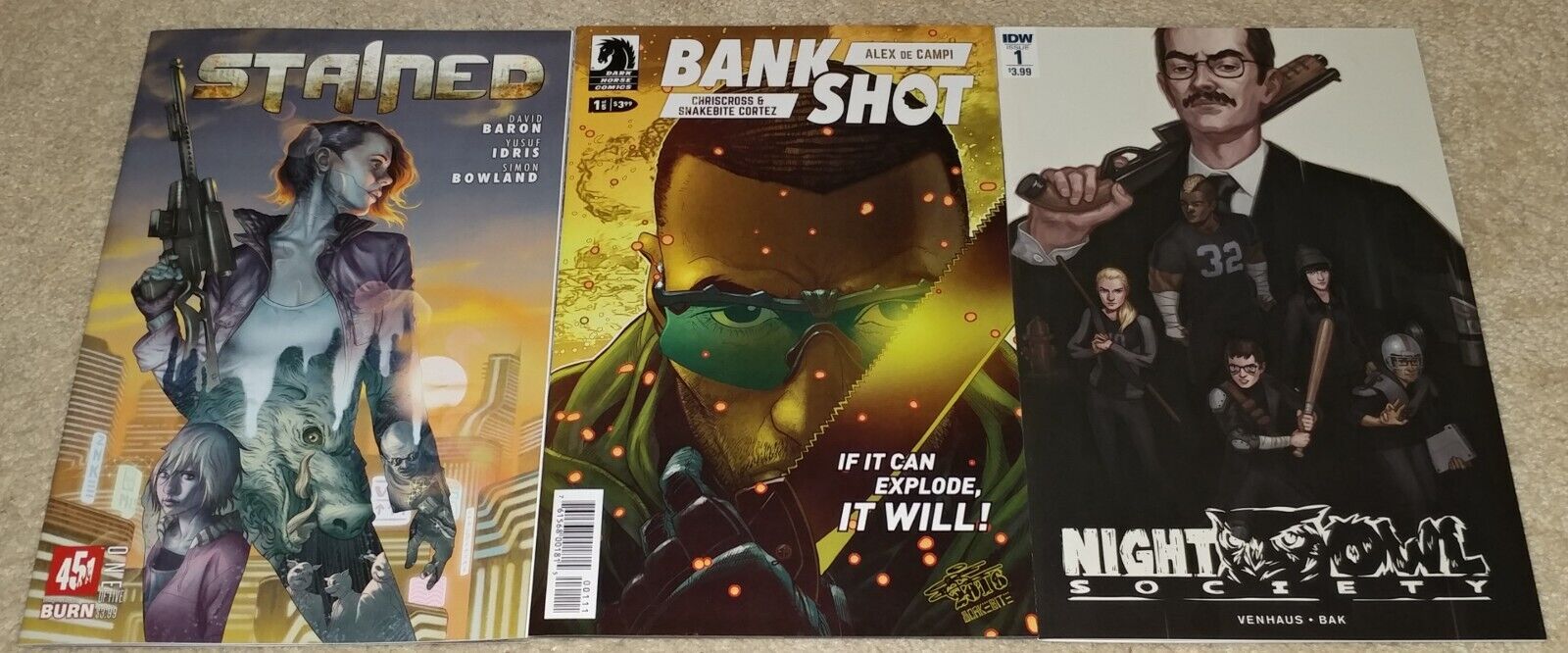 Night Owl Society #1, Stained #1 & Bankshot #1 (3 comics) 451 Media - IDW- NM