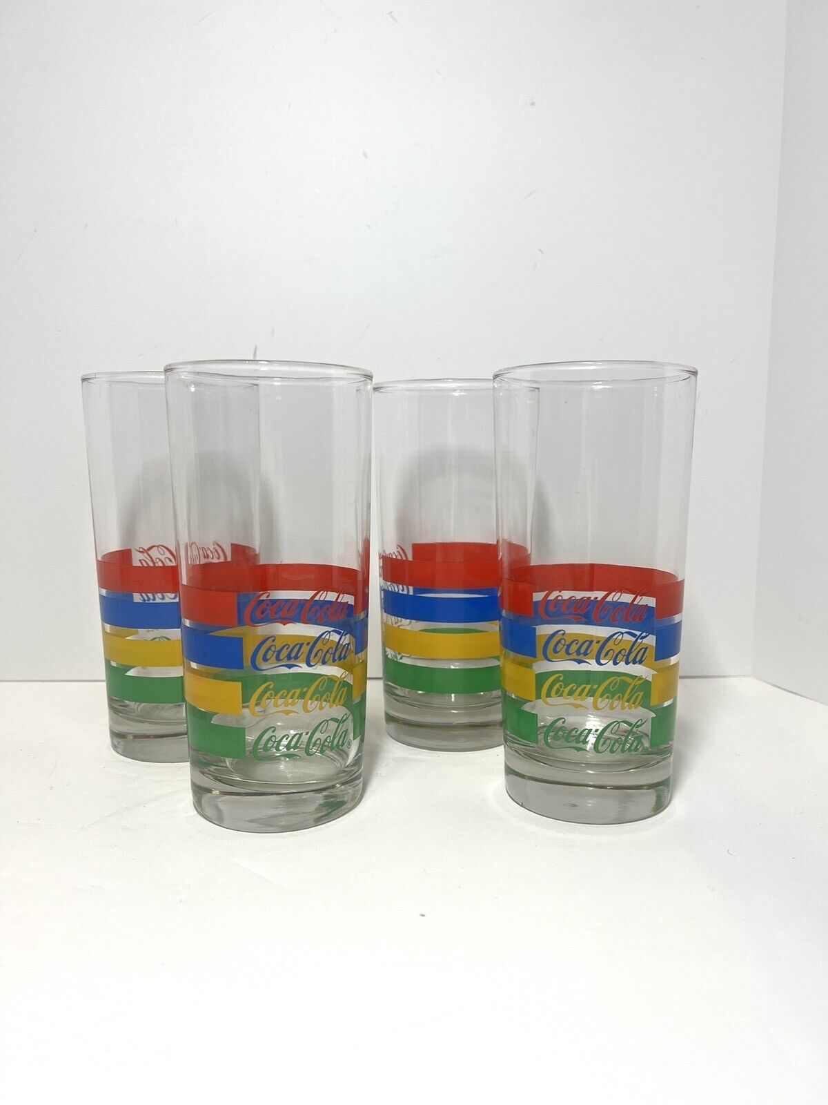 Set of 4 Vintage 1980s Coca-Cola Coke Memorabilia 16oz Drinking Glasses Stripes
