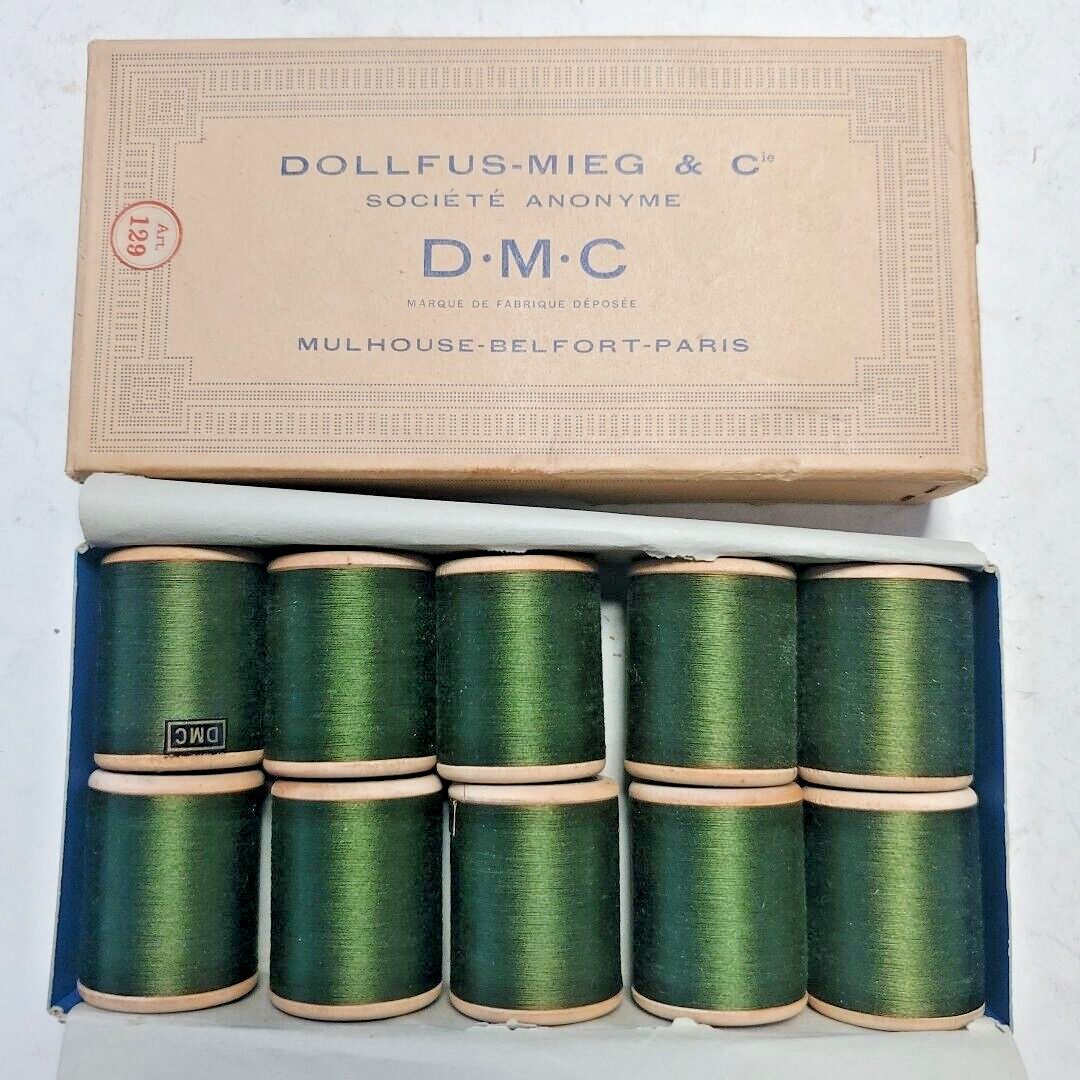 10 Vintage DMC Dollfus Thread #3345 Olive Green Made in France Wooden Spool NOS