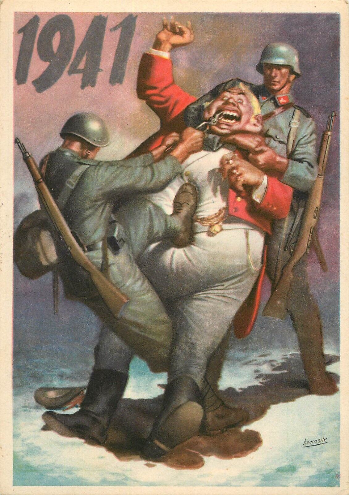 WWII Italian Propaganda Postcard Boccasile Germans Ripping Teeth from John Bull