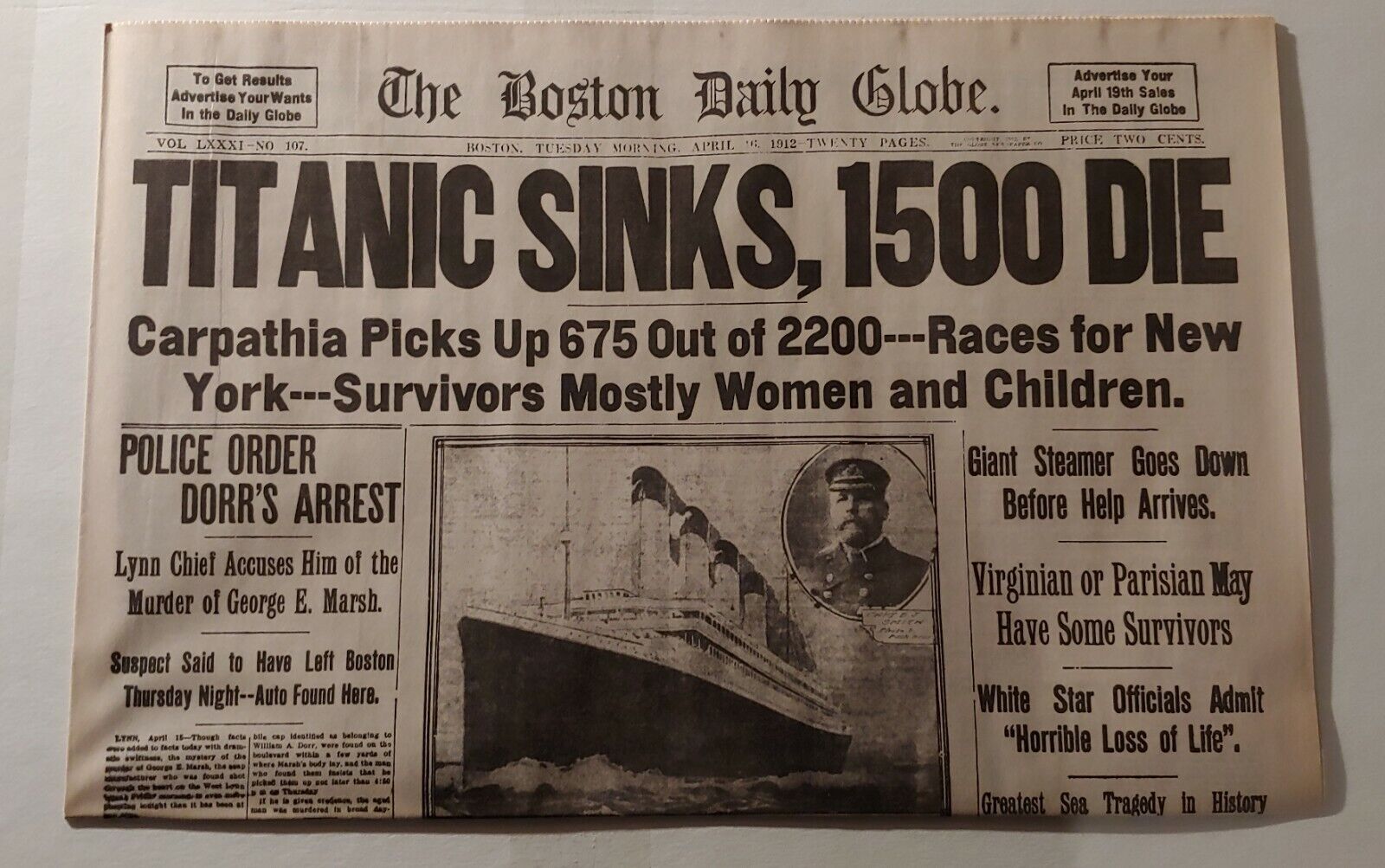 APR 16, 1912 BOSTON GLOBE NEWSPAPER (REPRINT)- TITANIC SINKS, 1500 DIE