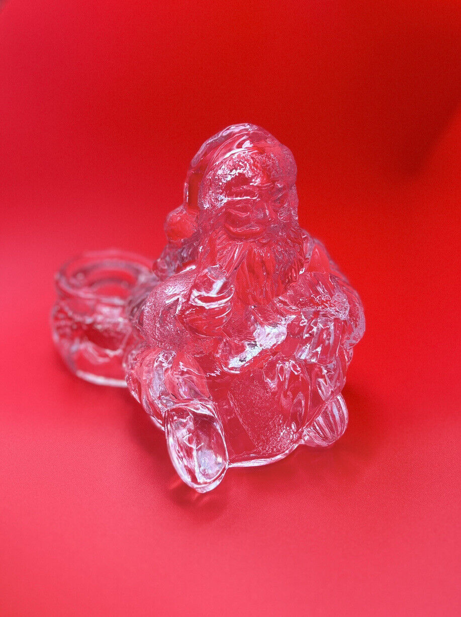 Vintage Santa w/ Pipe Glass Candle Holder Clear Christmas Holiday Santa