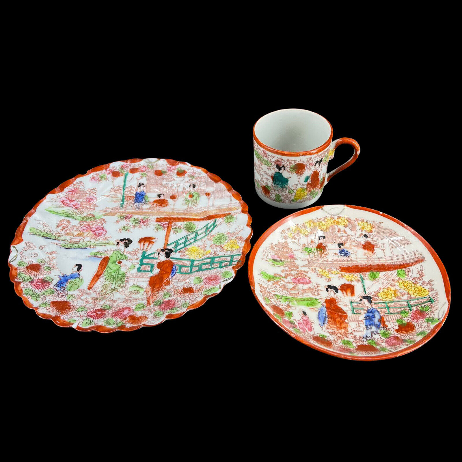 Lot 3 Pieces Antique Japanese Geisha Girls Eggshell Porcelain Plate Cup Saucer