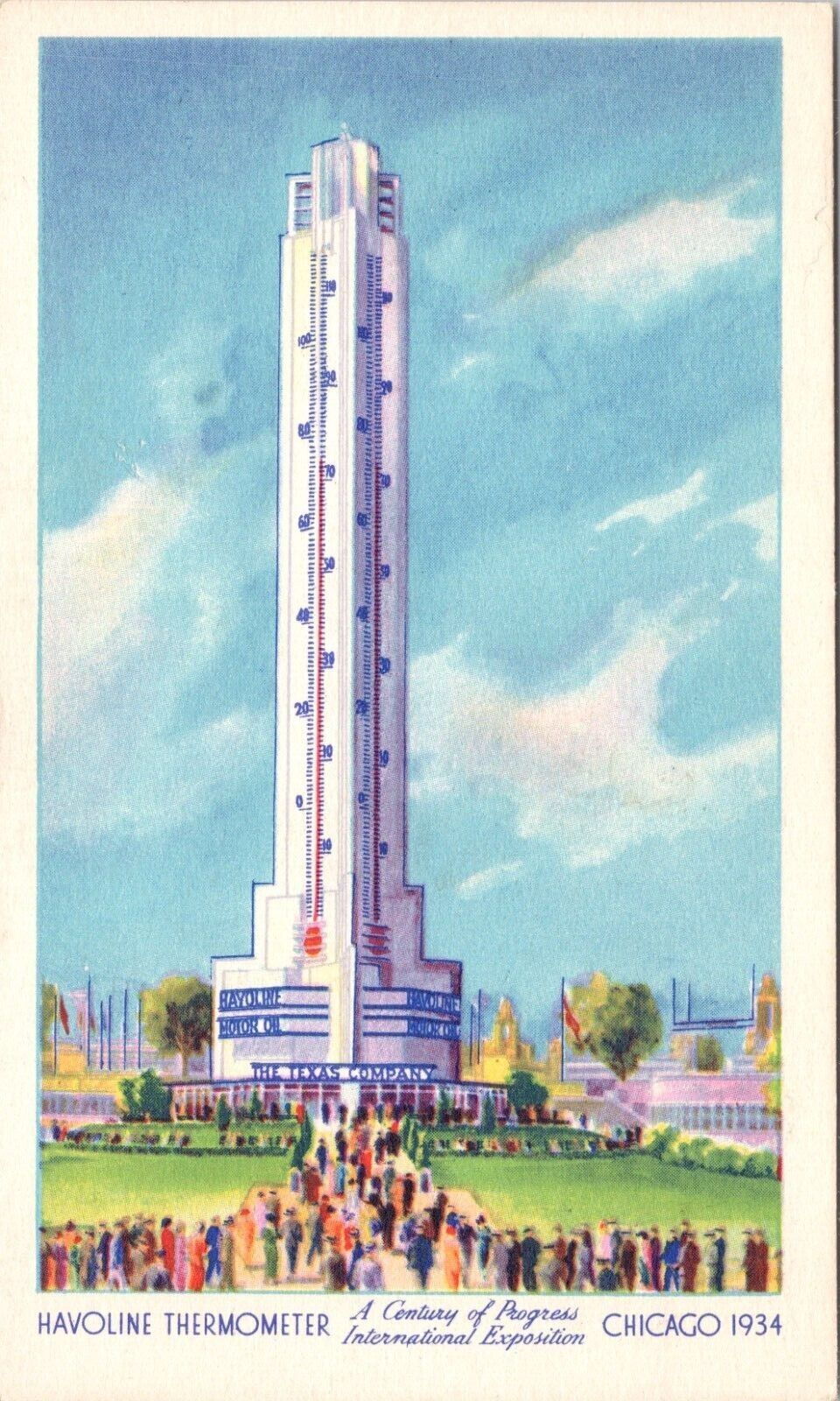 C.1934 Chicago IL Worlds Fair Havoline Thermometer UNP Illinois Postcard A130