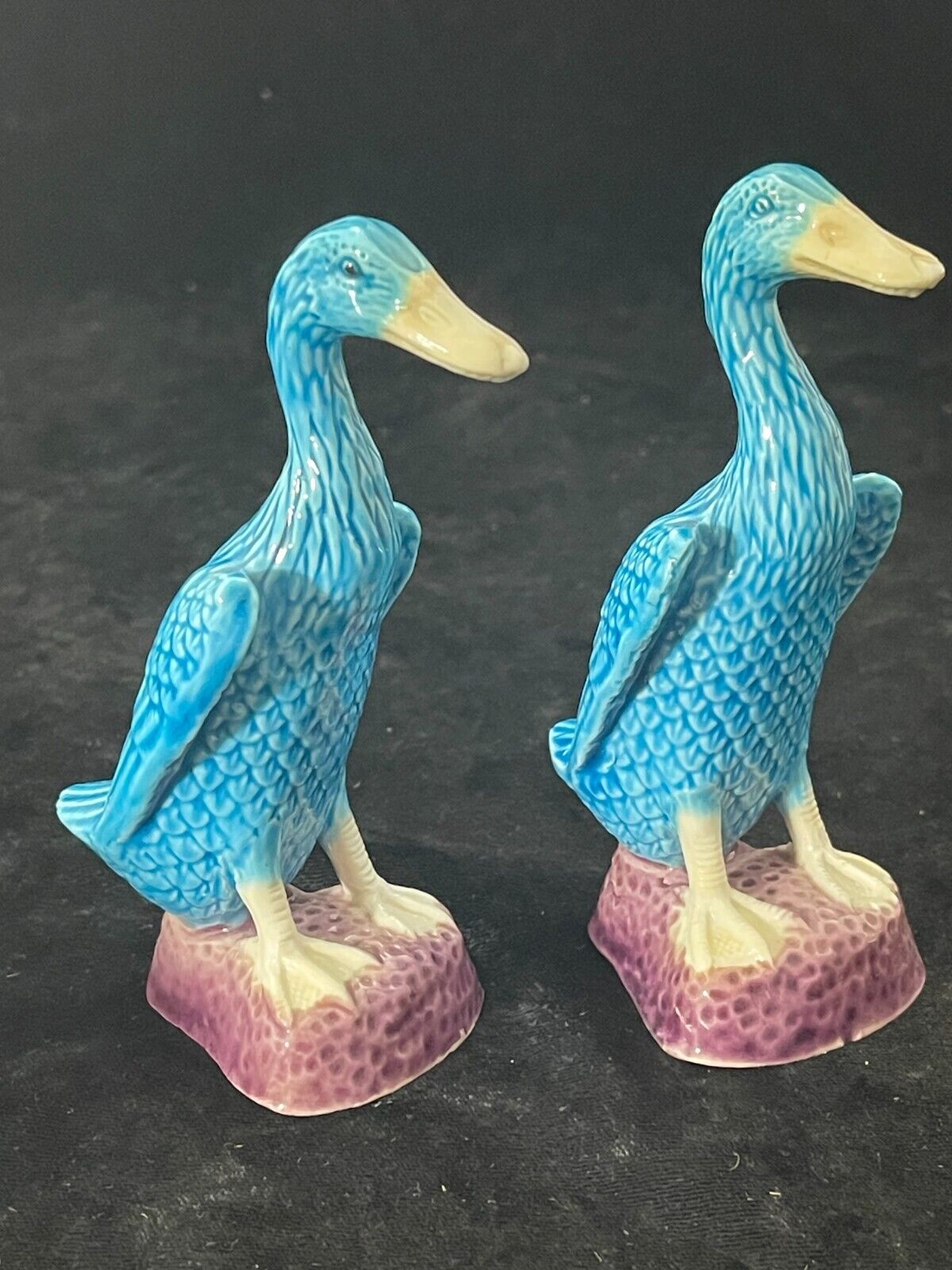 Pair Antique Cerulean Blue Porcelain Chinese Duck Figurines 4.75\