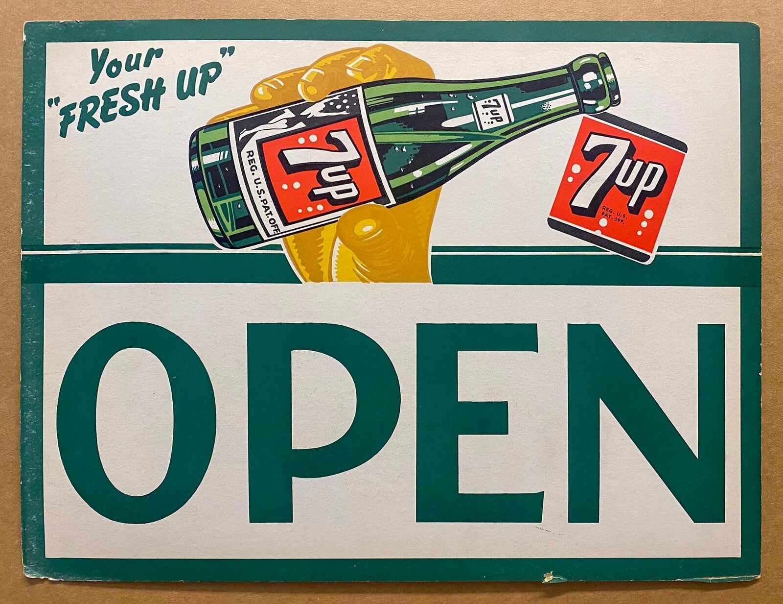 1940s 7Up Your Fresh Up Open Closed Doubled Sided Advertising Door Sign ORIGINAL