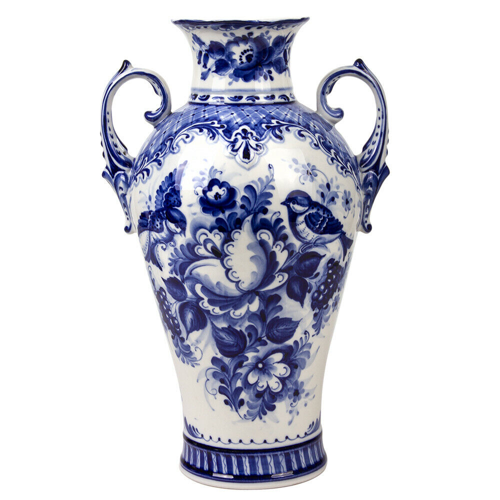 Gzhel Porcelain Large Floor Vase, Handmade in Russia,Blue Ceramic, Signed, 13.5\