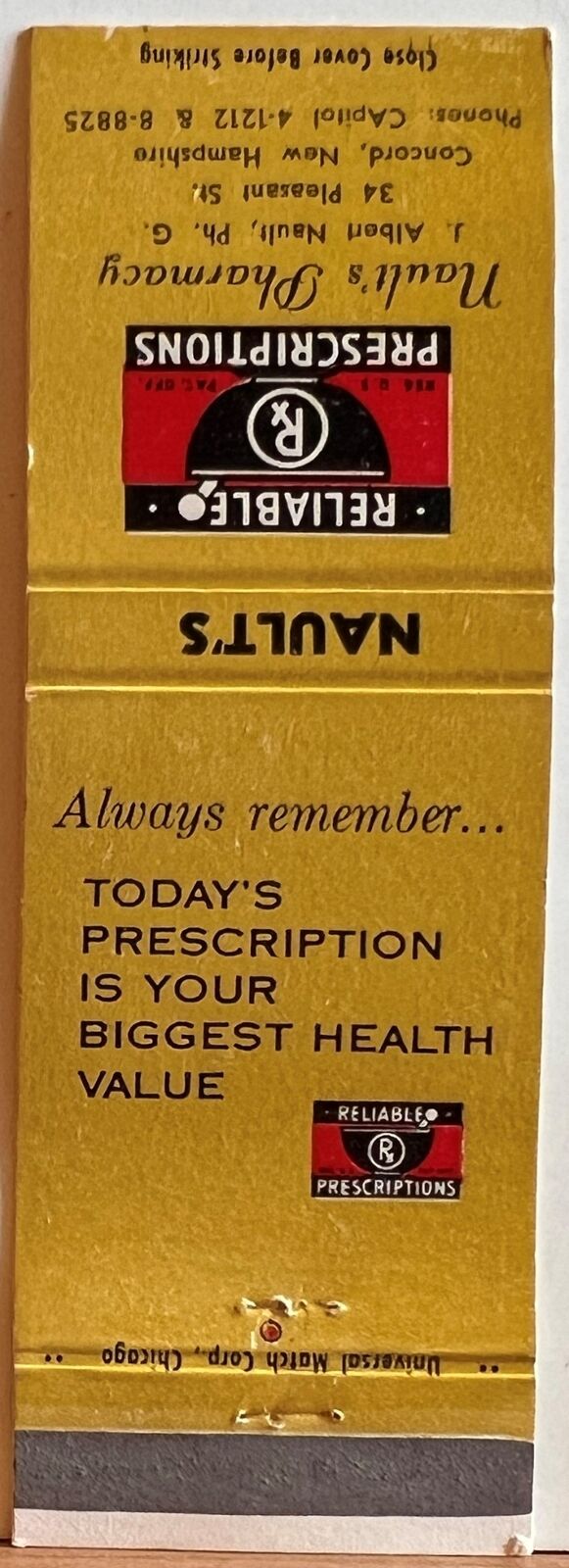 Nault\'s Pharmacy Concord NH New Hampshire Vintage Matchbook Cover