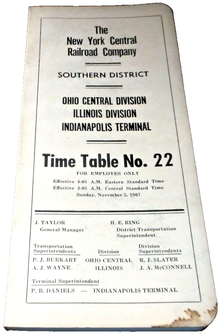 NOVEMBER 1967 NYC NEW YORK CENTRAL SOUTHERN DISTRICT EMPLOYEE TIMETABLE #22
