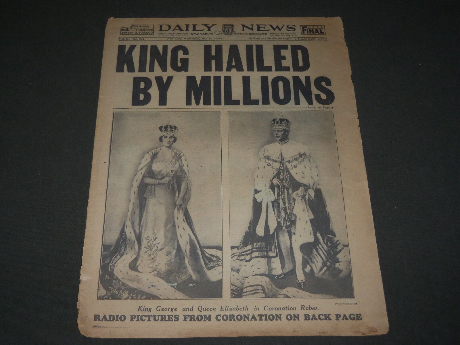 1937 MAY 12 NEW YORK DAILY NEWS - KING GEORGE HAILED BY MILLIONS - NP 2909