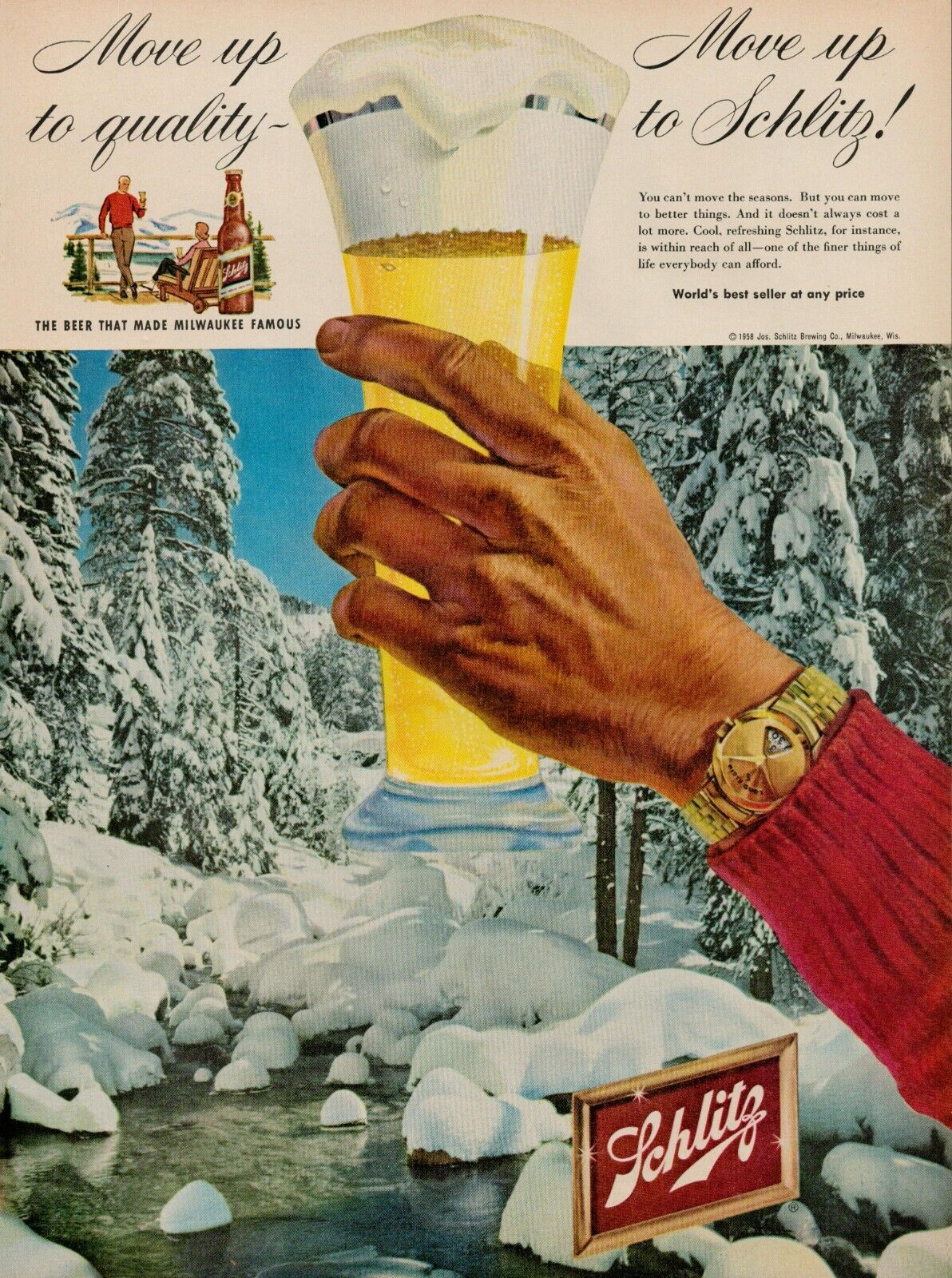 1958 Schlitz Beer Brew Snow Mountains Stream Vintage Print Ad Milwaukee Famous