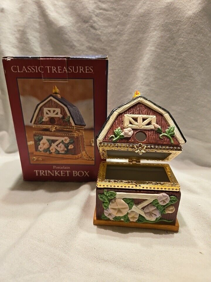 Vtg. Floral Hen House Classic Treasures Porcelain Trinket Box 5.25x3.25x2 Inch